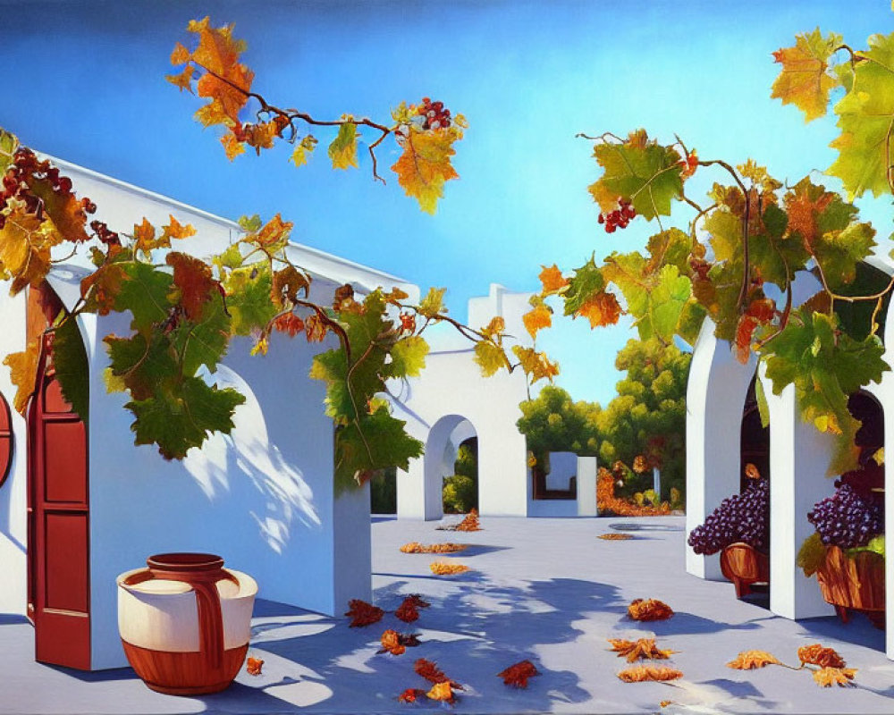 Sunlit courtyard painting with white buildings, arches, terra cotta pot, grapevines,