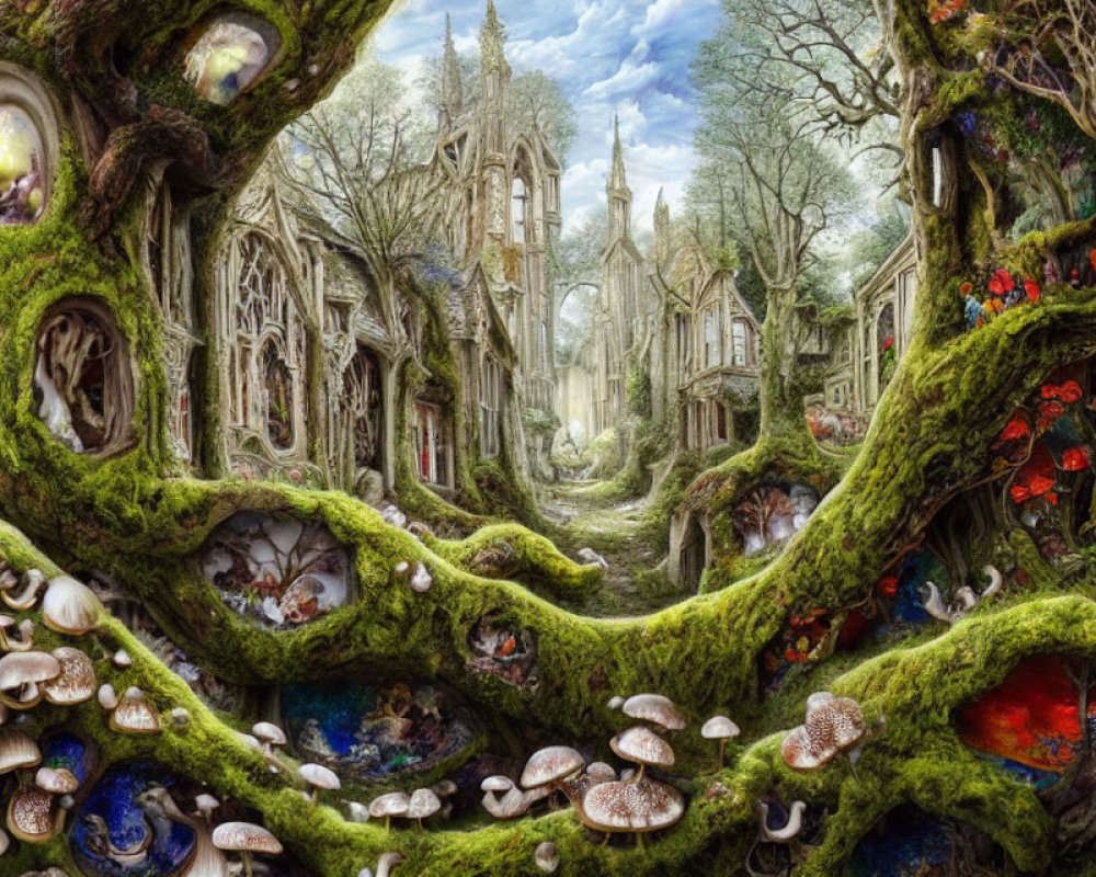 Fantasy woodland scene with tree roots, mushrooms, and ivy-covered ruins under clear sky