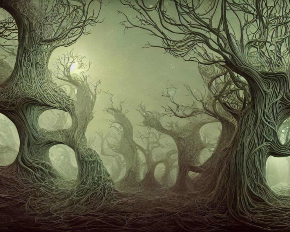 Misty forest with twisted trees in magical ambiance