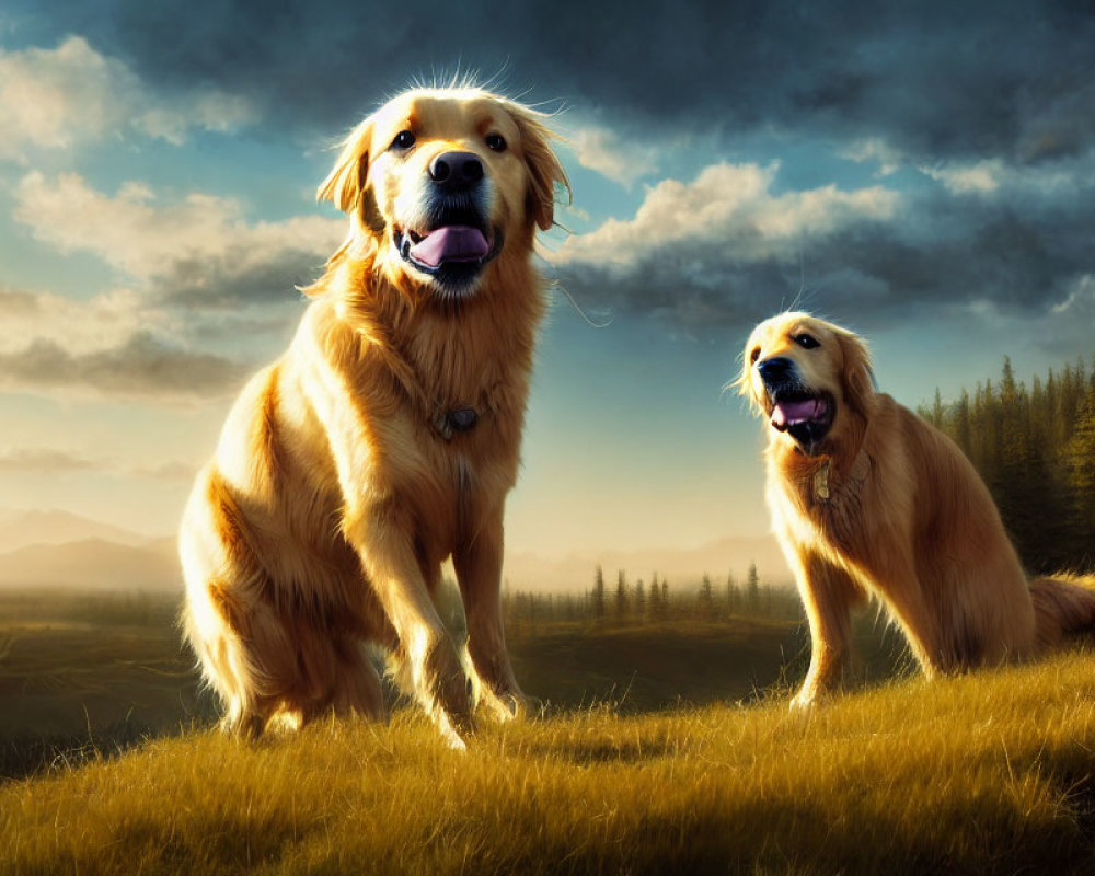 Golden retrievers on grassy hill under warm sunset.