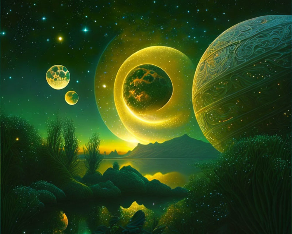 Ethereal sci-fi landscape with multiple moons and glowing foliage