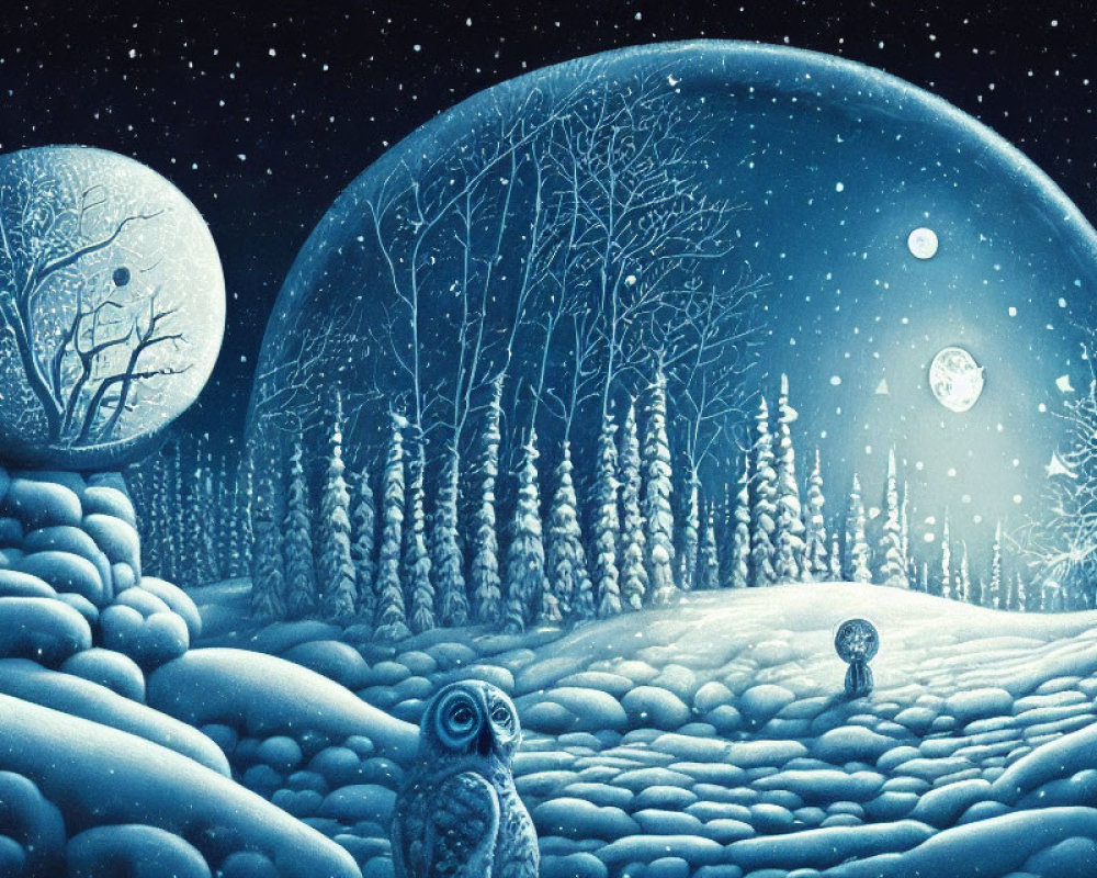 Winter landscape with owl, trees in spheres, moonlit snow, starry sky