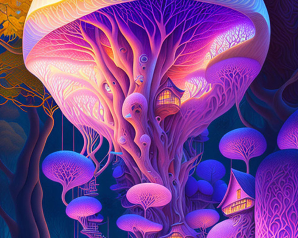 Colorful fantasy forest with oversized jellyfish-like structures and treehouse elements