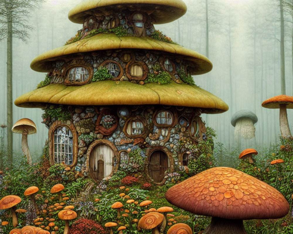 Enchanting forest with whimsical mushroom house and colorful fungi