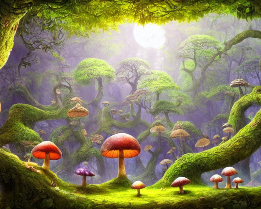 Enchanted forest with oversized mushrooms and twisted trees