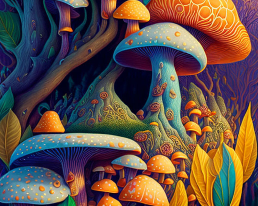 Colorful Oversized Mushroom Illustration in Enchanted Forest