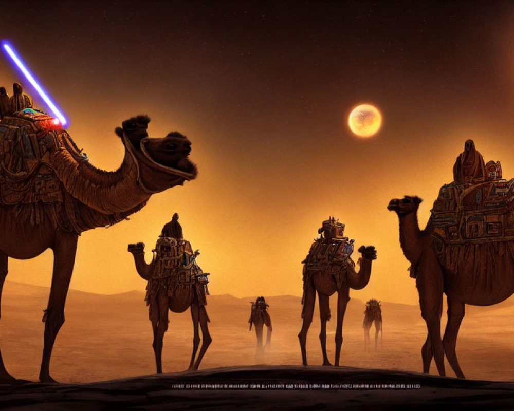 Surreal desert scene with camels, robed figures, and futuristic elements