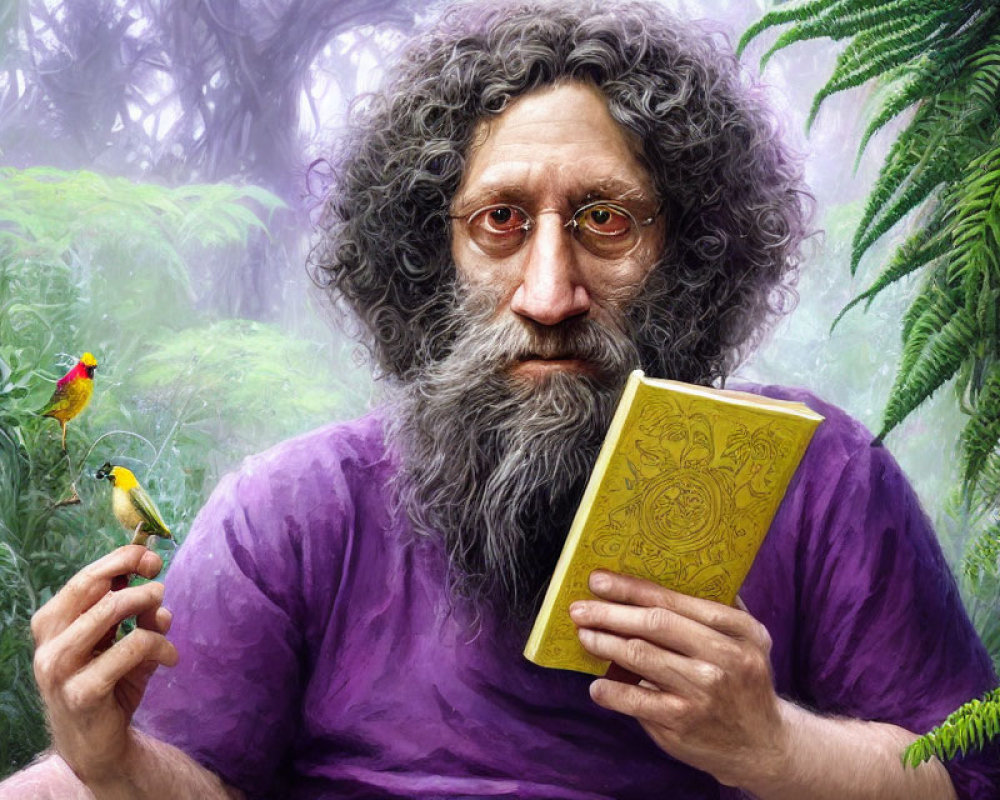 Elderly man with gray hair and glasses holding yellow book surrounded by colorful birds in misty forest