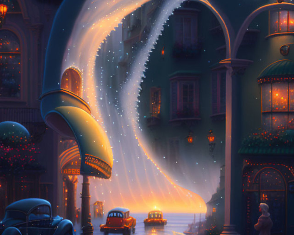 Whimsical night scene with woman and magical waterfall surrounded by vintage cars and streetlights