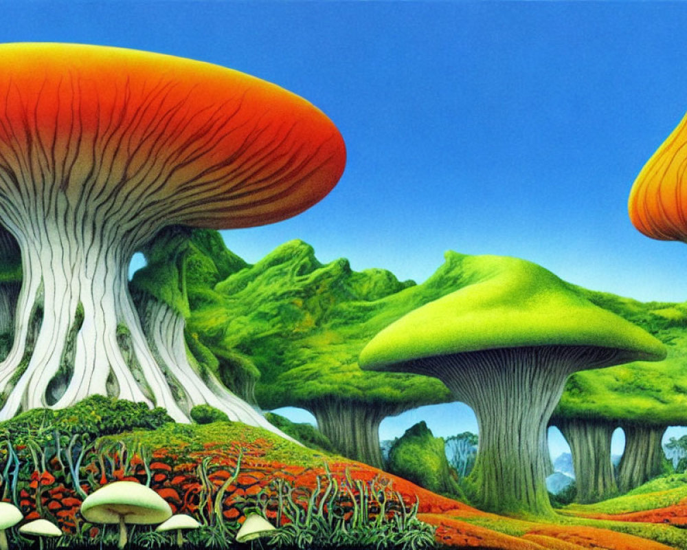 Vibrant fantasy landscape with oversized mushrooms and lush greenery under a clear blue sky