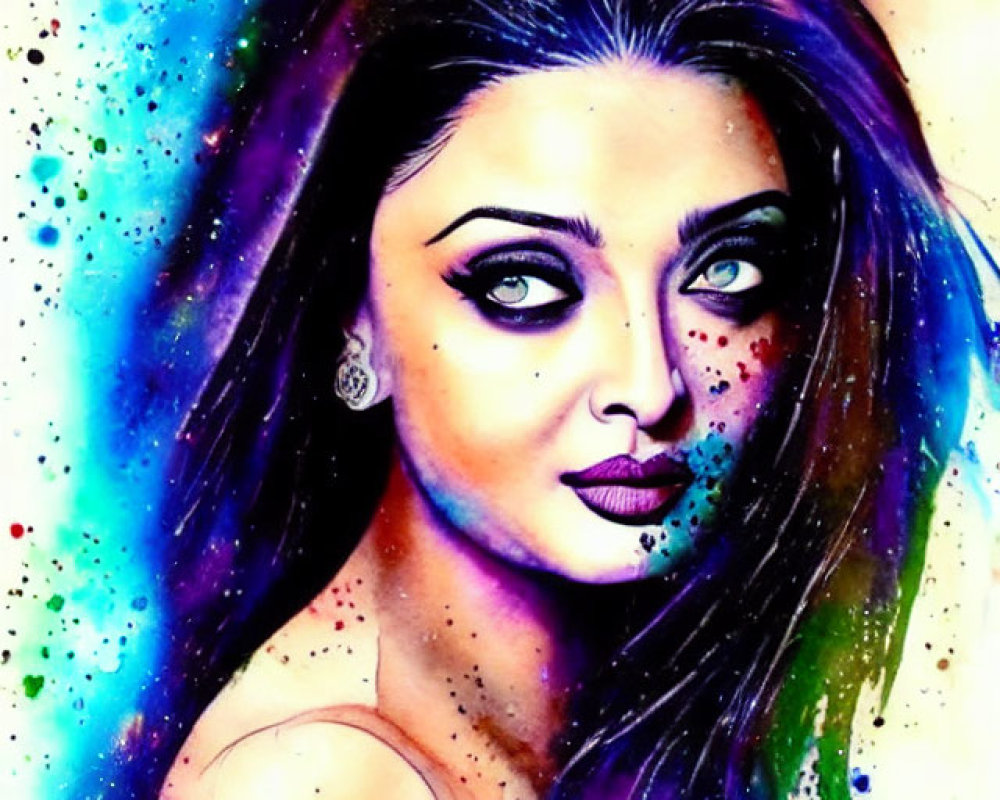 Colorful watercolor portrait of a person with striking eyes and long hair on vibrant, splattered backdrop