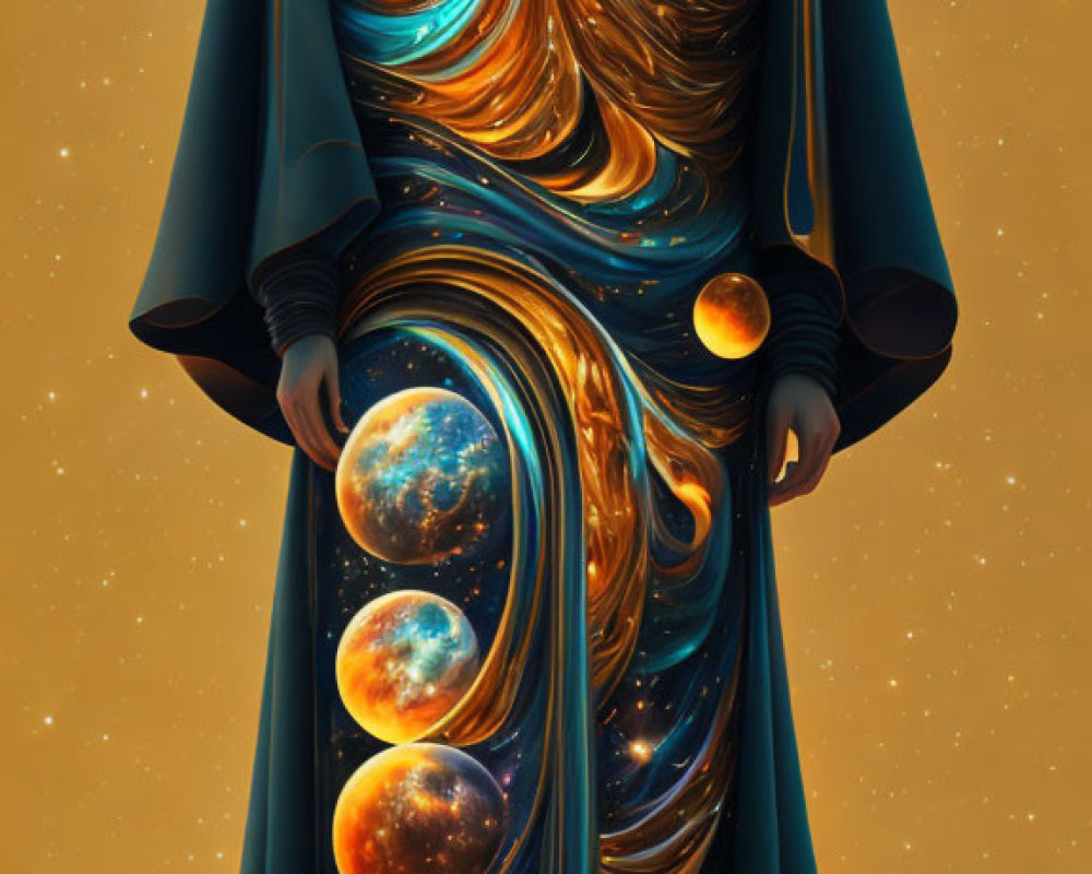 Cosmic-themed figure in elaborate robe on golden background
