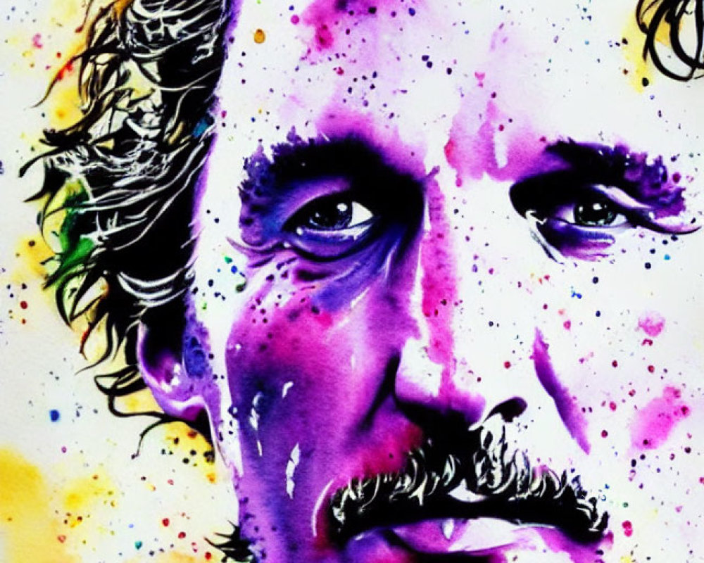 Vibrant watercolor portrait of a man with wavy hair and mustache