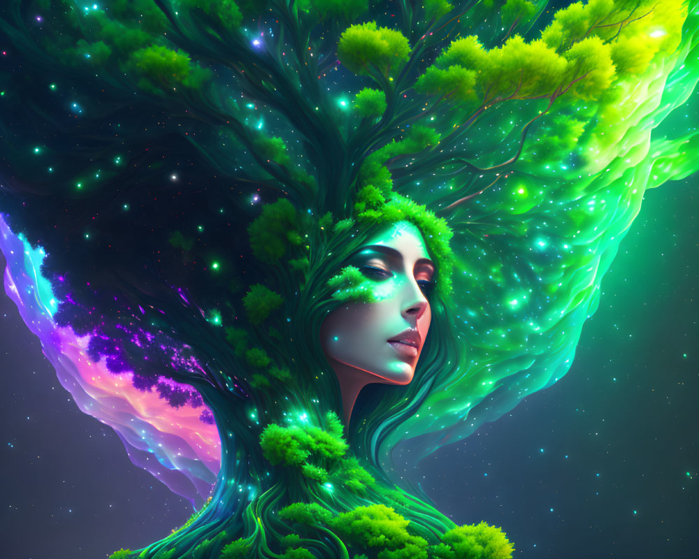 Colorful artwork: Female figure merging with tree against cosmic backdrop