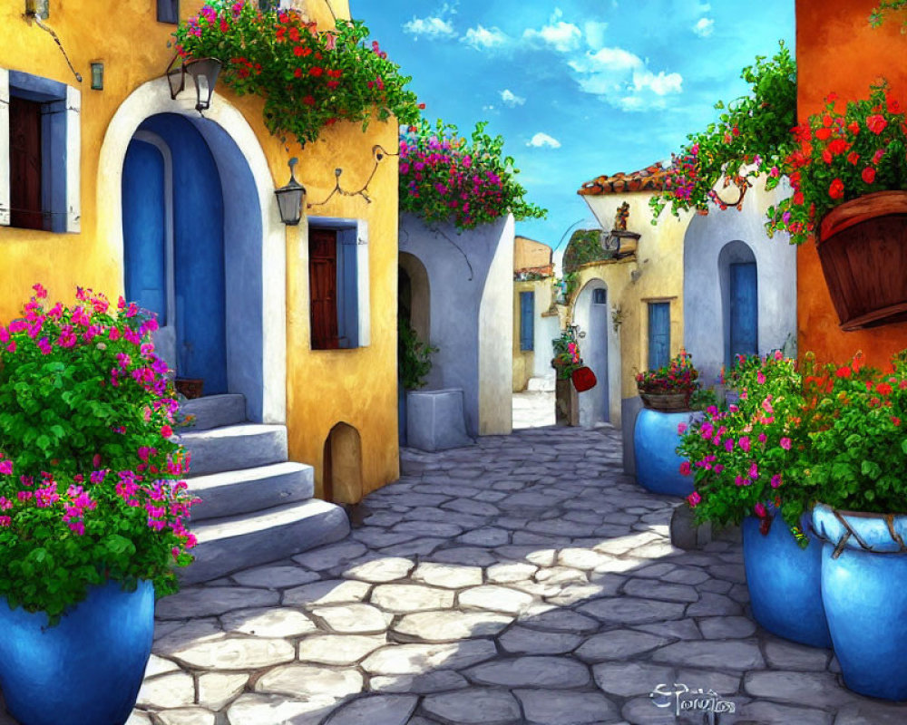 Colorful cobblestone street with blue planters and pink flowers by yellow buildings