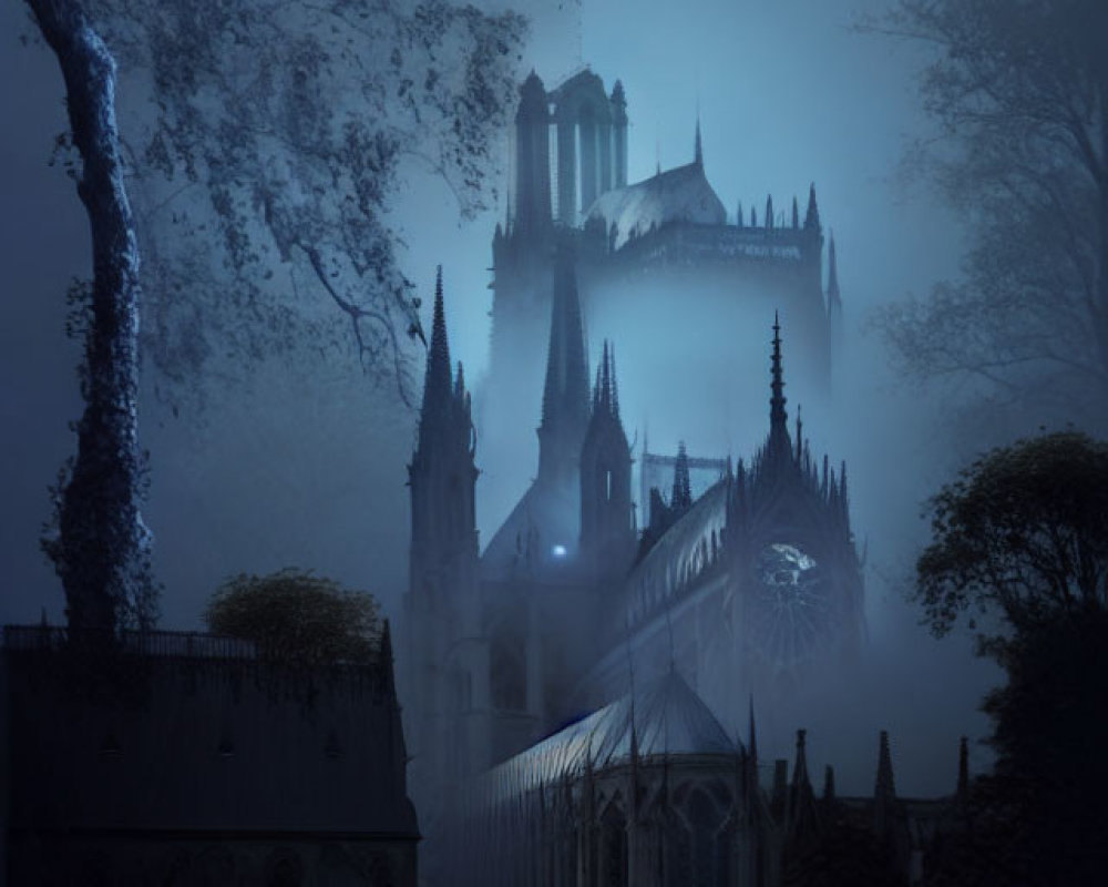 Gothic Cathedral in Foggy Night Scene with Bare Tree