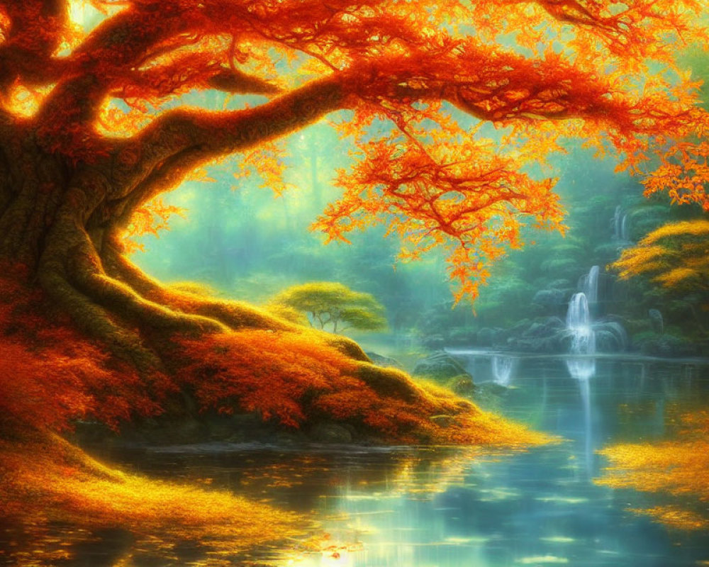 Majestic tree with vibrant orange leaves by serene lake and small waterfall in misty forest