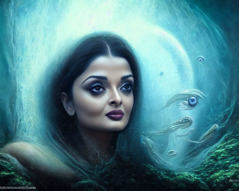 Surreal portrait of woman underwater with fish and large eye in blue-green hue