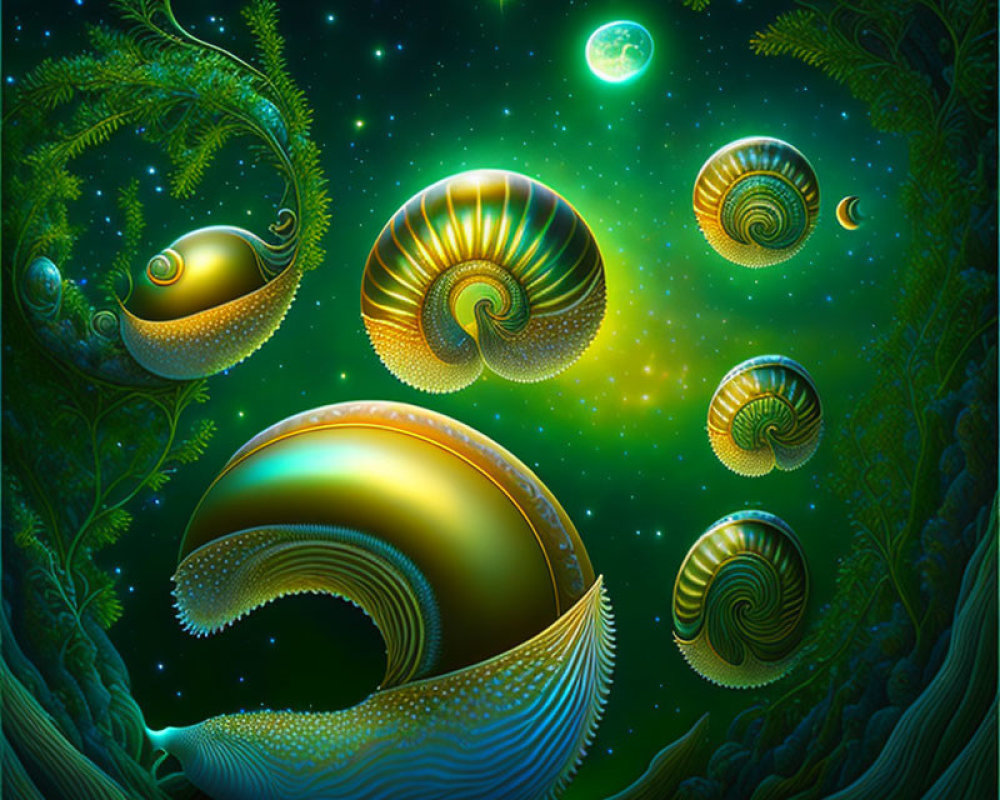 Colorful digital artwork: stylized nautilus shells in starry night sky with green foliage.