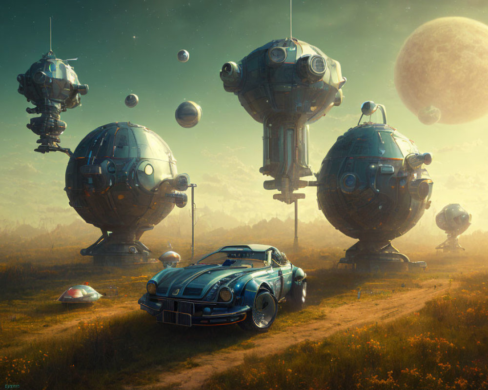 Vintage car parked in field with floating orbs and futuristic structures under moonlit sky