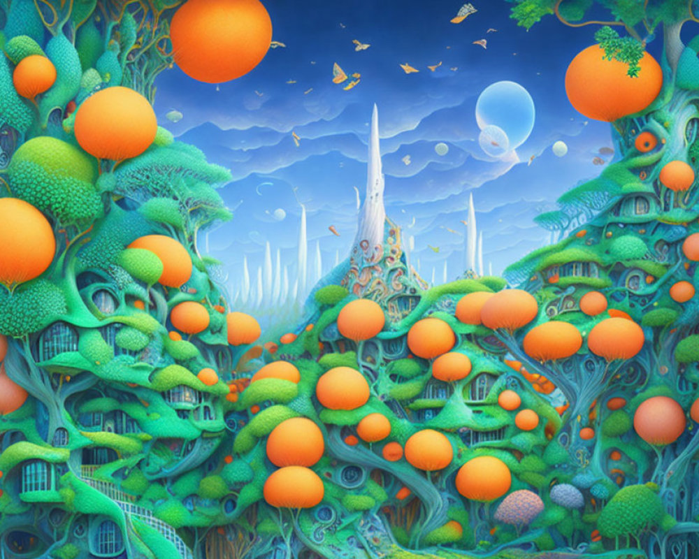 Colorful surreal landscape with orange orbs and green plant-like structures