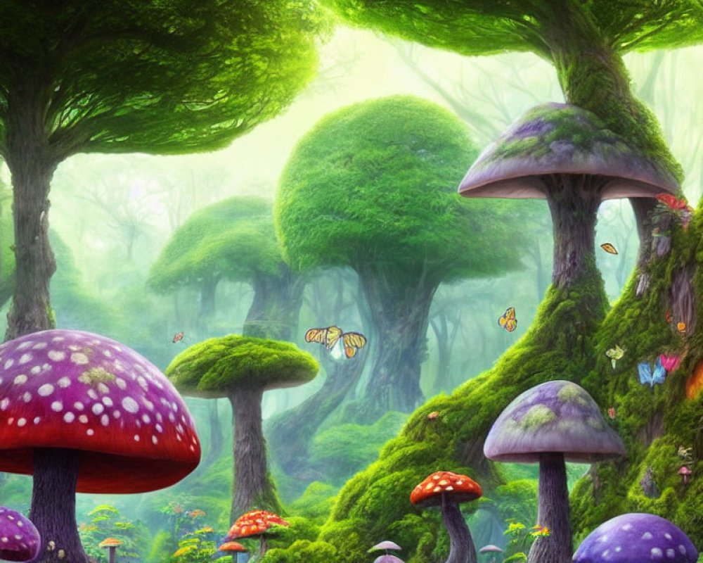 Colorful Mushroom Forest Scene with Butterflies in Mystical Atmosphere