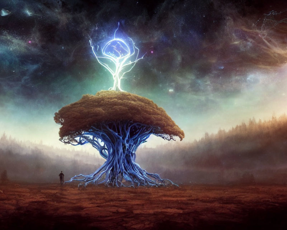 Person standing before mystical tree with blue symbol under starry sky and forest.