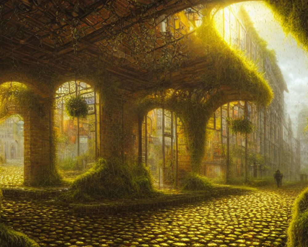 Misty cobblestone street with brick archway and ivy in warm light