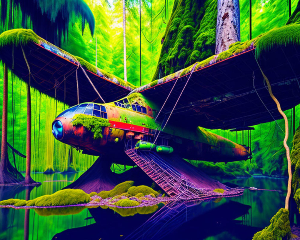 Abandoned airplane covered in vegetation in lush green forest with water below