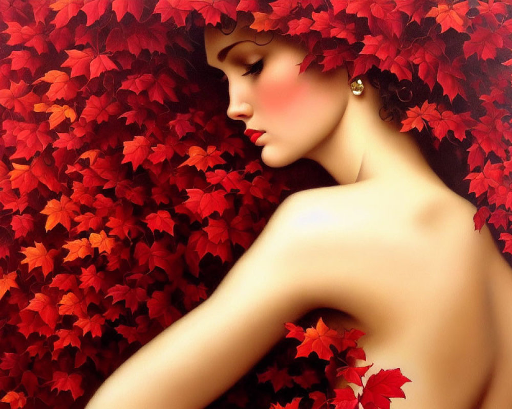 Contemplative woman with bare shoulders among vibrant red leaves