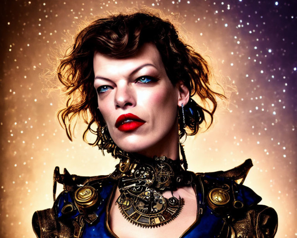 Person with red lipstick in steampunk outfit on starry background