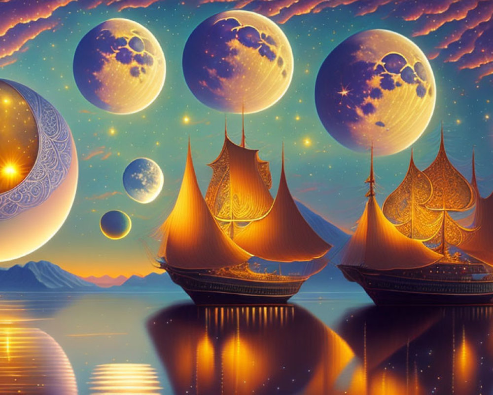 Fantastical scene: Ornate ships on calm water under multiple moons and dreamy sky