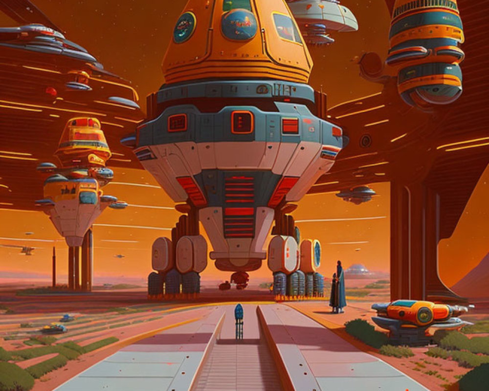 Futuristic spaceport with towering spacecrafts and astronaut under warm amber sky