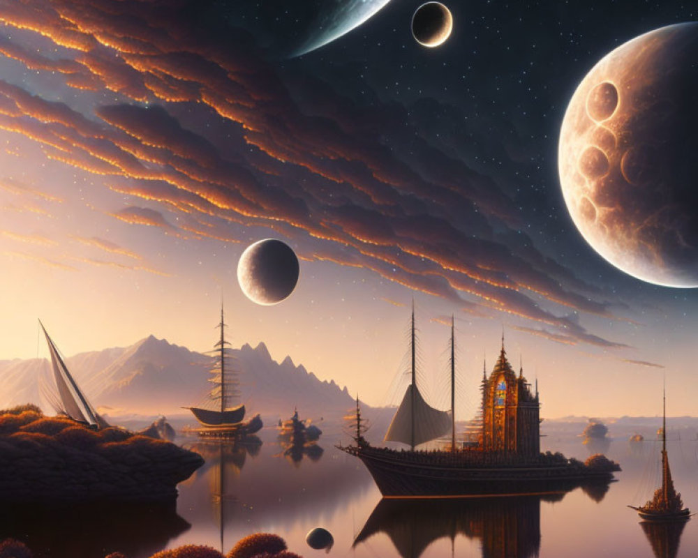 Sci-fi landscape with ships, mountains, planets, and dramatic sky