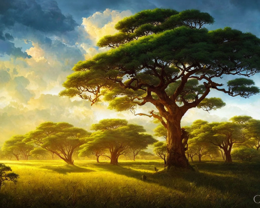 Tranquil savannah landscape with lush tree under vibrant sky