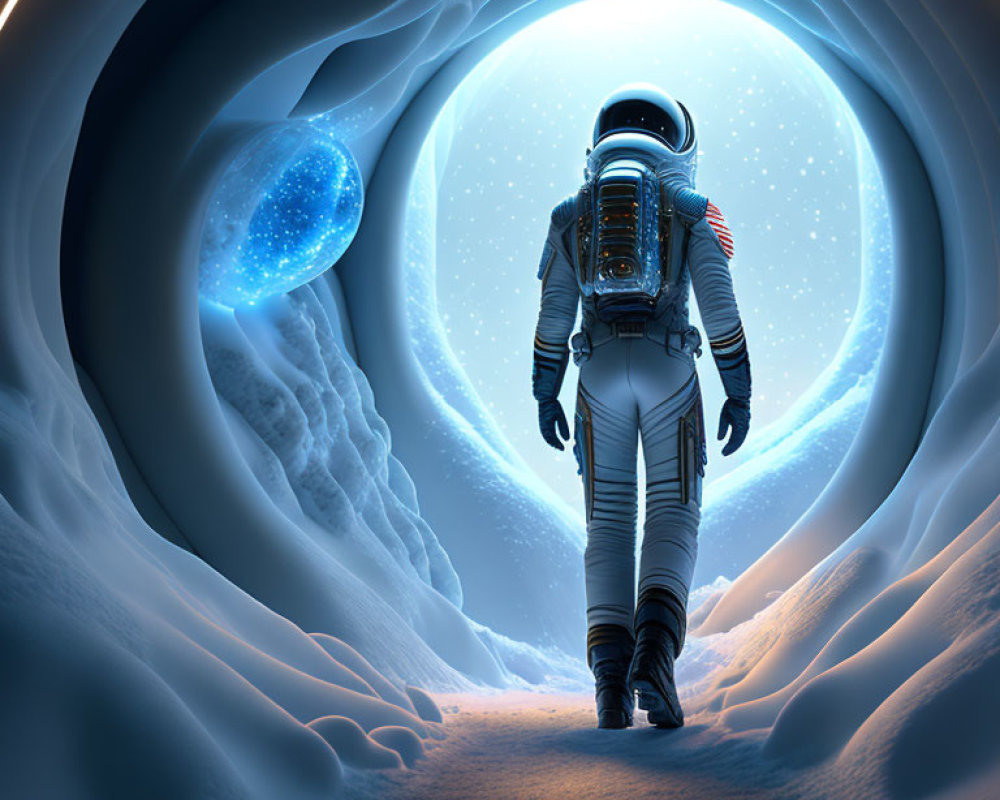 Astronaut approaching luminous portal in snowy landscape with celestial bodies.