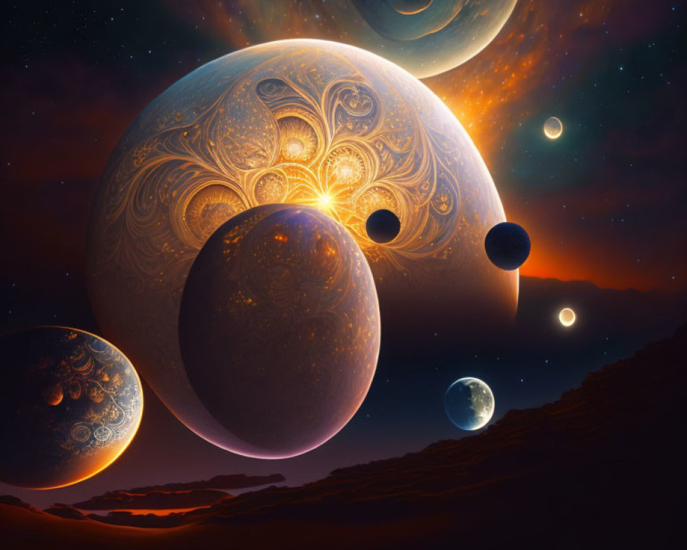 Ornate cosmic scene with planets, star, moons, and starry sky