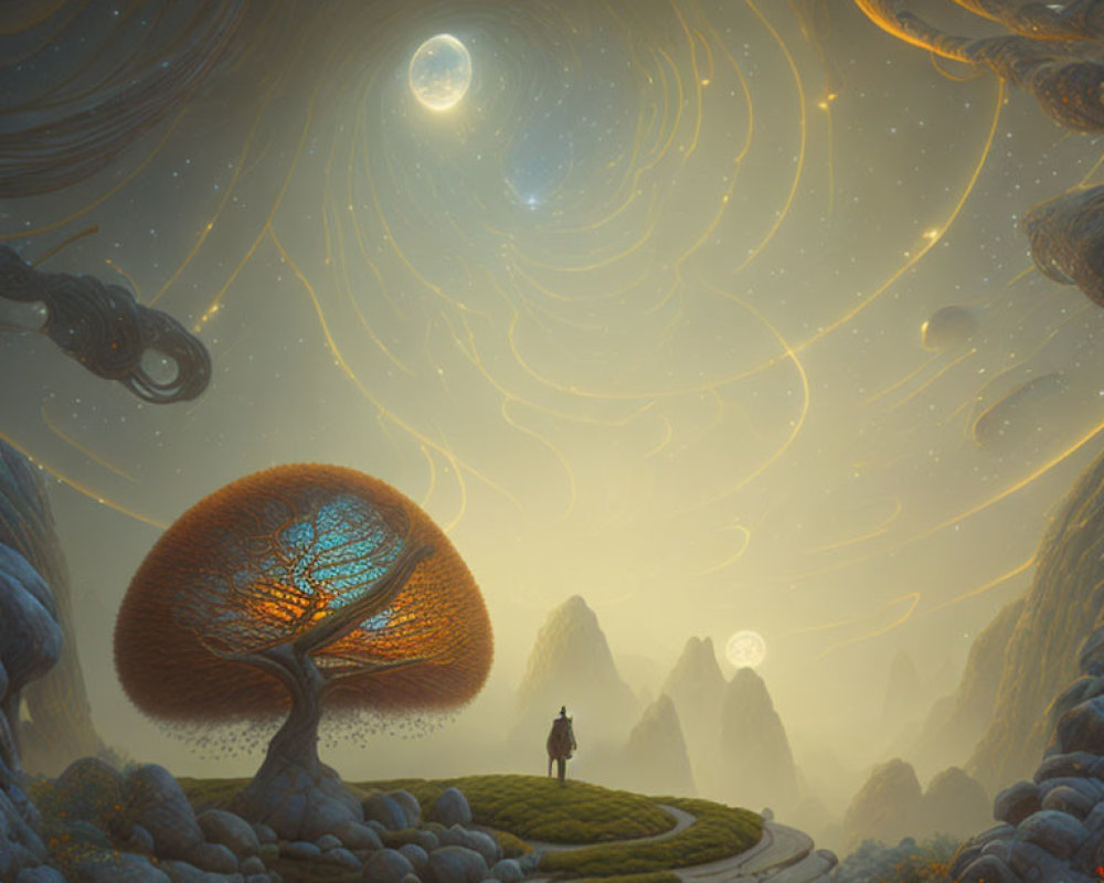 Surreal landscape with lone figure, cosmic sky, otherworldly trees