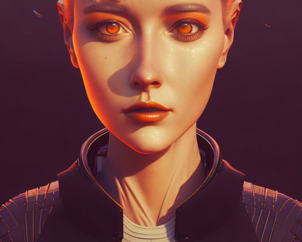 Female Android with Orange Eyes in Futuristic Black Suit