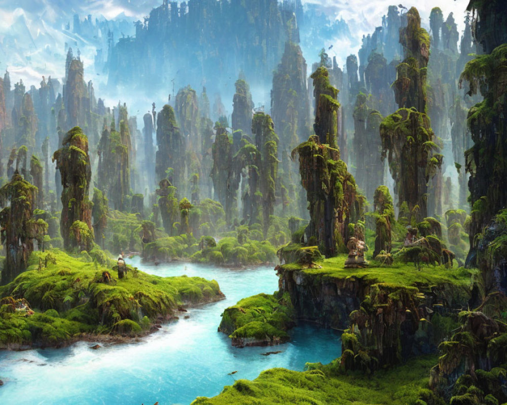 Mystical landscape with towering rocks, lush greenery, and vibrant river