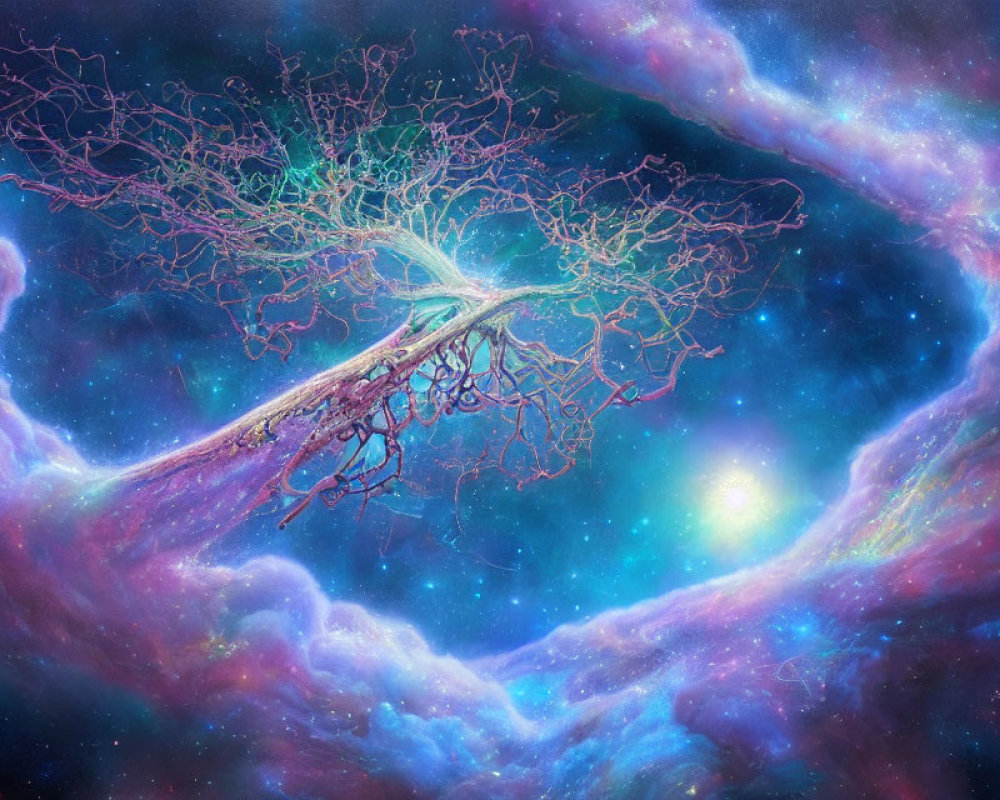 Colorful cosmic scene with tree-like structure amidst stars and dust clouds