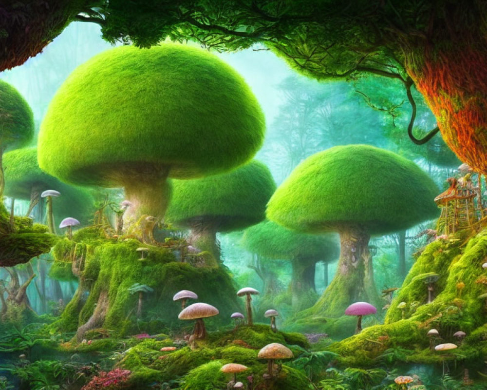 Fantasy forest with mushroom-shaped trees, moss, and treehouse