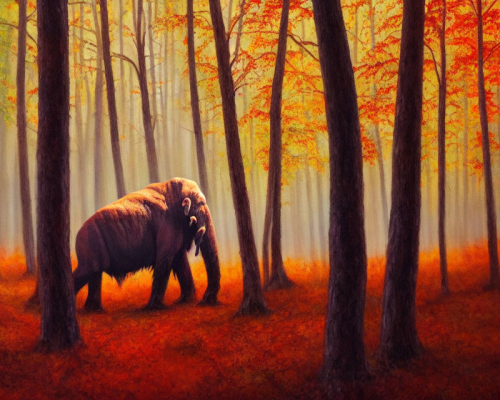 Mammoth in Autumnal Forest with Red and Orange Foliage