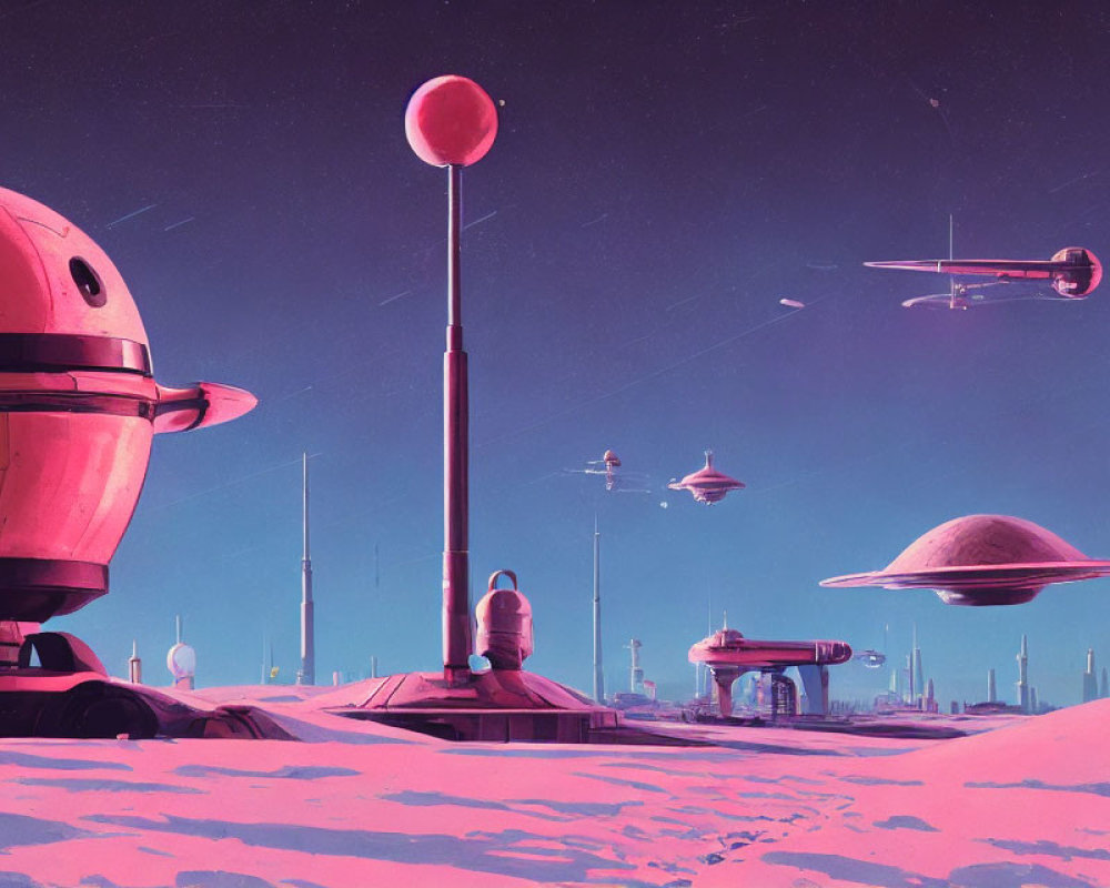 Illustration of Pink and Blue Alien Landscape with Dome Building, Humanoid Figure, Flying Saucers