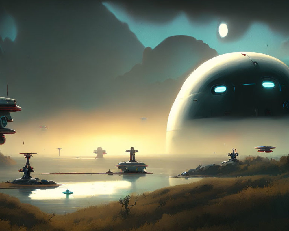 Futuristic dusk landscape with dome-like structures and flying saucers