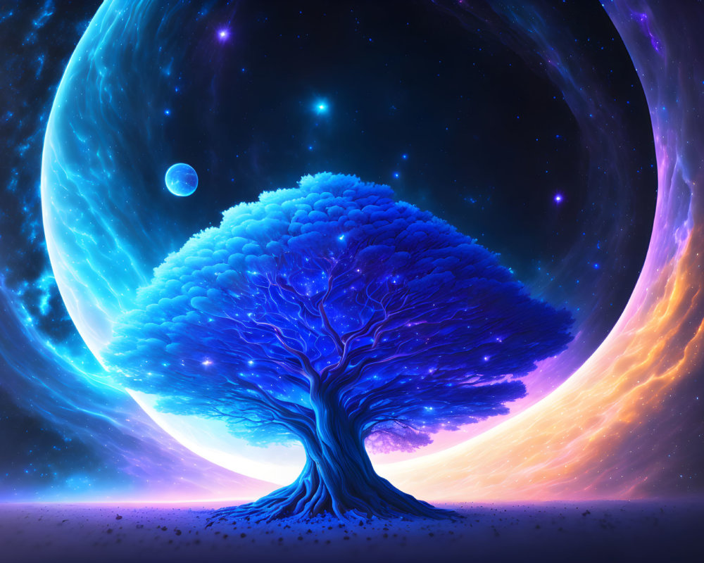 Colorful digital artwork: Solitary tree in cosmic setting