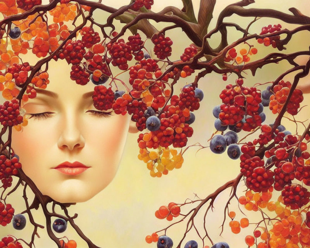 Serene woman's face blending with colorful berry tree in artwork