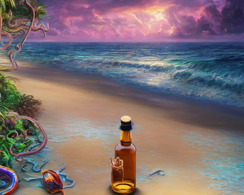 Vibrant surreal beachscape with purple skies, bottle, and colorful tentacles