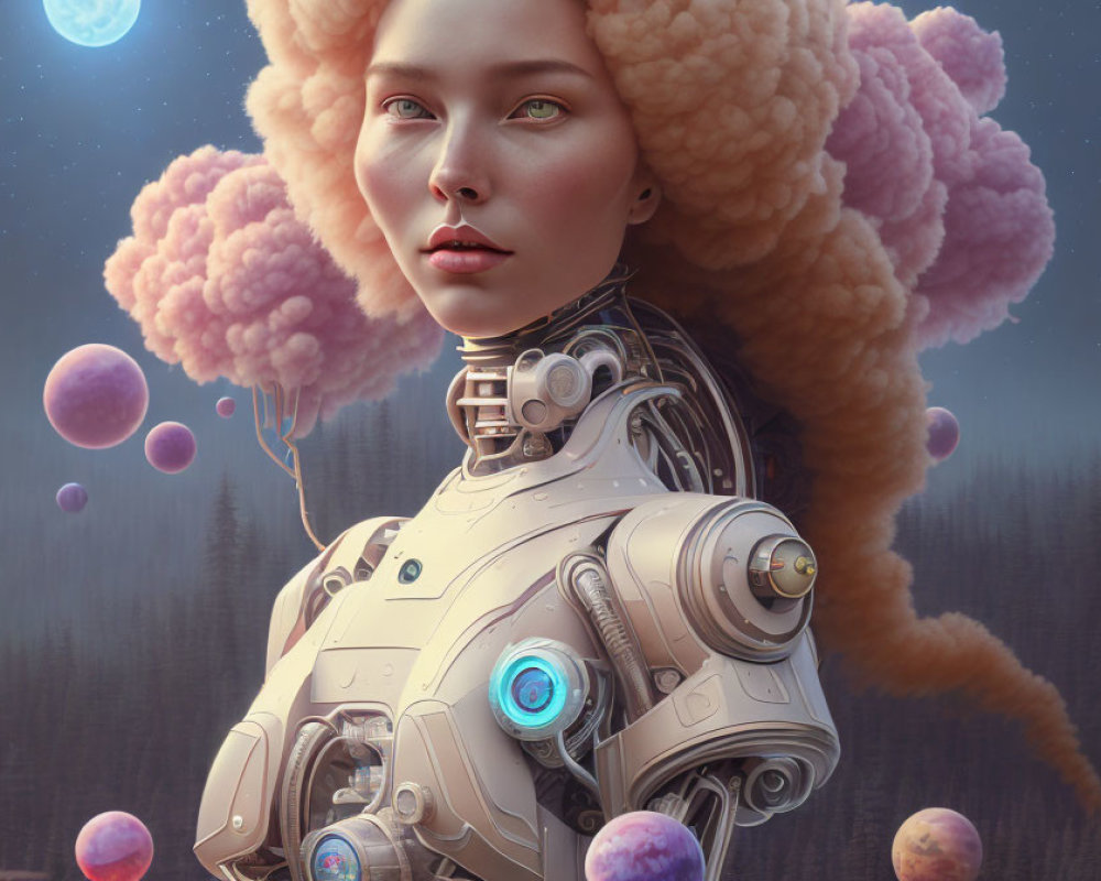 Female android portrait with human-like face and mechanical torso in surreal setting.