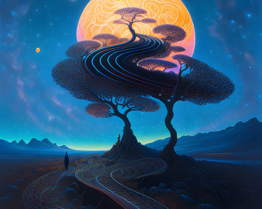 Person standing before large, intricately designed tree in fantastical landscape under starry sky with massive moon